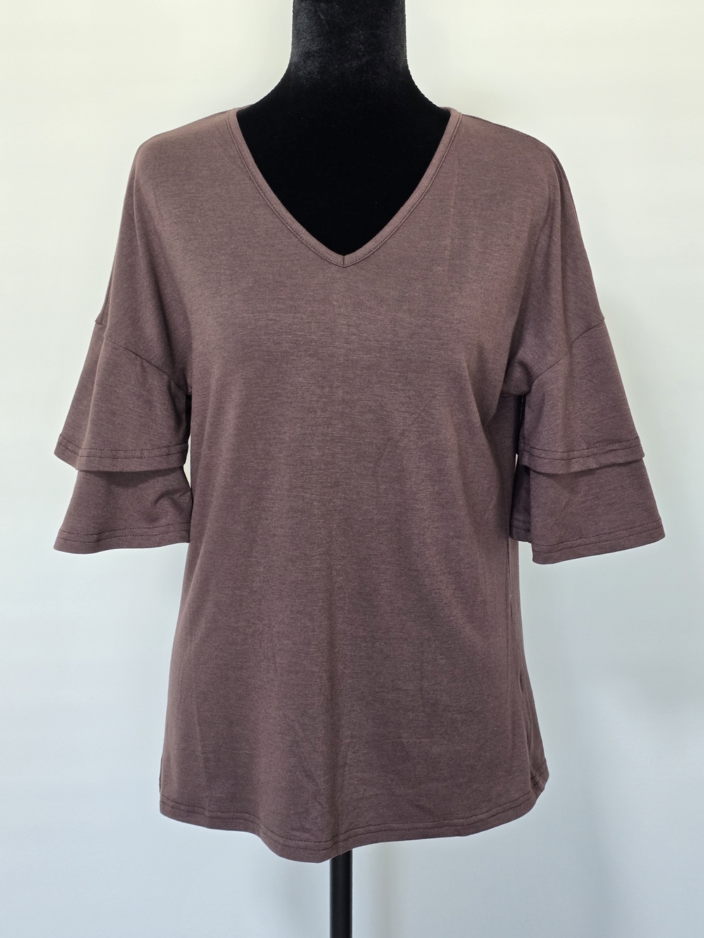 Brown V-Neck Short Sleeve Ruffle Top